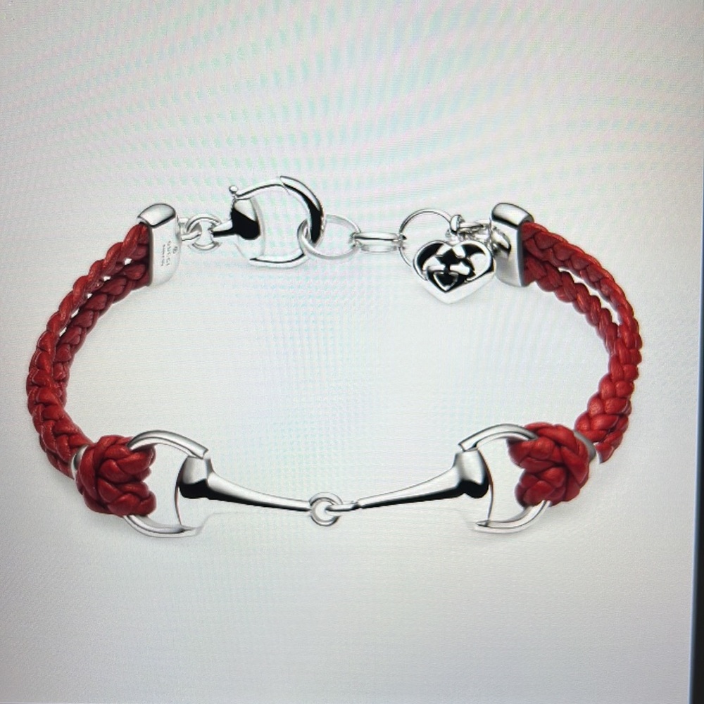 Gucci Red Braided Leather Horsebit Bracelet with Silver Hardware